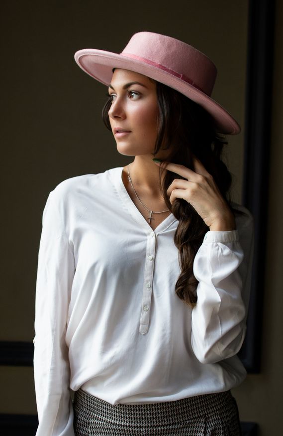 Фото 5 фетровая Шляпа канотье из 100% шерсти с круглой тульей цвет Розовый  - Palmy